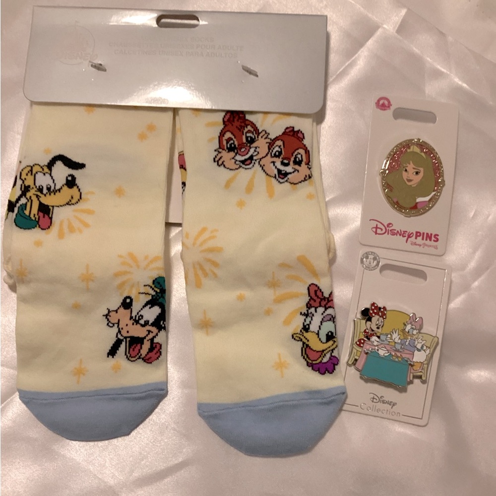 NWT Disney Chip ‘N Dale Socks and two Disney pins